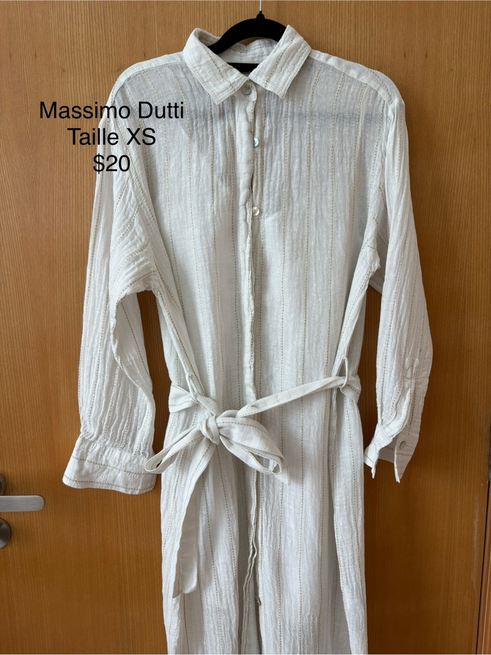 Massimo Dutti Cream Textured Button-Front Shirt Dress with Waist Tie